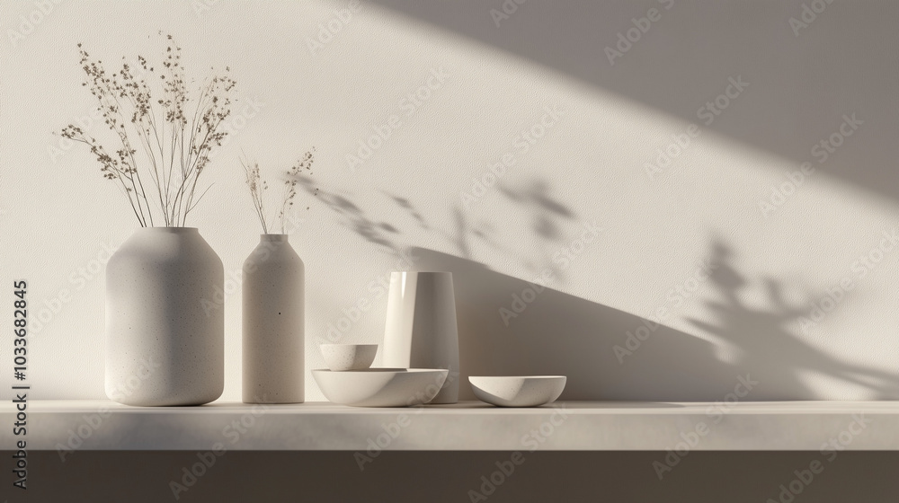 Minimalist aesthetic home decor in white colours display on a shelf with soft lighting for interior background Minimalist aesthetic home decor in white colours display on a shelf with soft lighting for interior background
