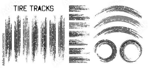 Obraz na płótnie Grunge tire tracks, wheel braking marks. Truck, car or motorcycle tread pattern silhouettes. Auto race, motorsport, speed racing design element. Vector illustration w salonie