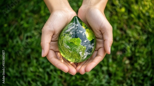 Hands gently holding a water drop-shaped Earth, symbolizing environmental care and global protection, perfect for eco-themed designs or campaigns.