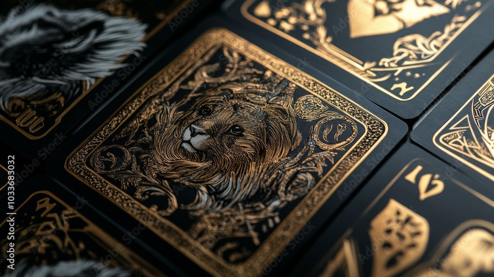 Art Nouveaustyle playing cards with Big Five animals gold accents Art Nouveaustyle playing cards with Big Five animals gold accents