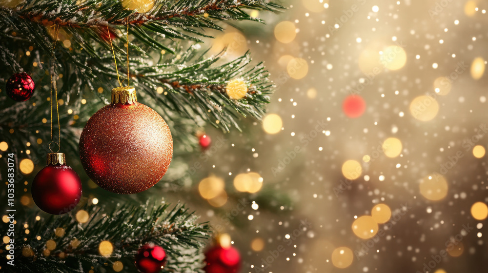 Glittering red and gold ornaments hanging on a lush Christmas tree adorned with warm lights Glittering red and gold ornaments hanging on a lush Christmas tree adorned with warm lights