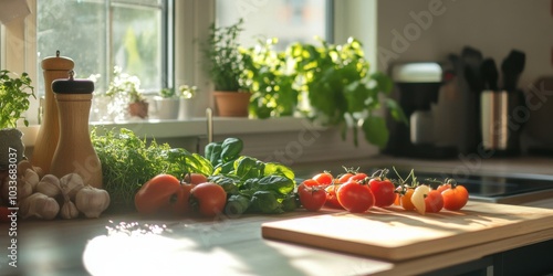 Vibrant Kitchen Scene with Fresh Vegetables and Herbs for a Healthy Culinary Experience