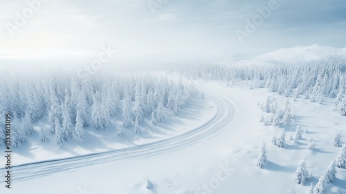 Wallpaper Mural Aerial view of a snow-covered road curving through a dense winter forest, with trees and mountains blanketed in white, creating a peaceful and pristine cold landscape Torontodigital.ca