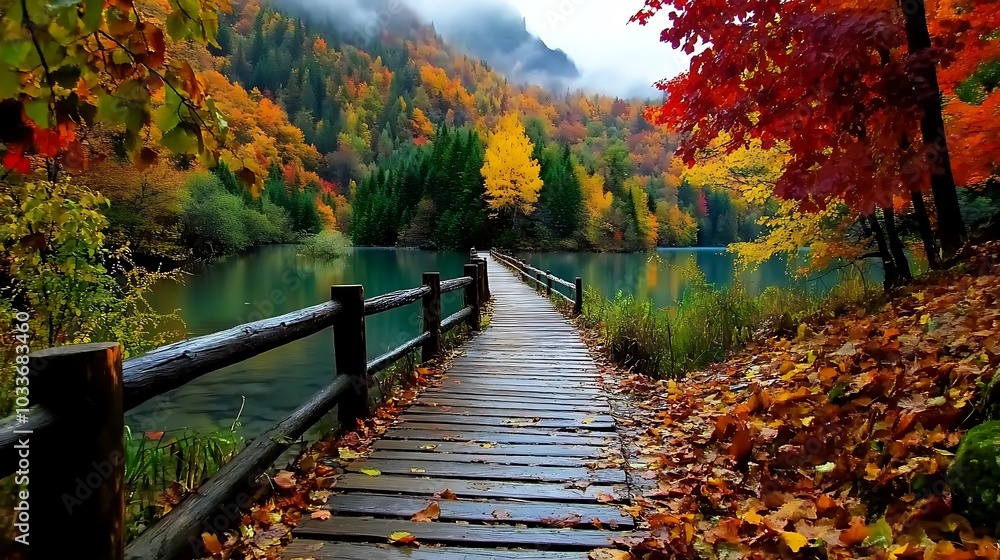 Autumn Forest Lake Bridge Pathway