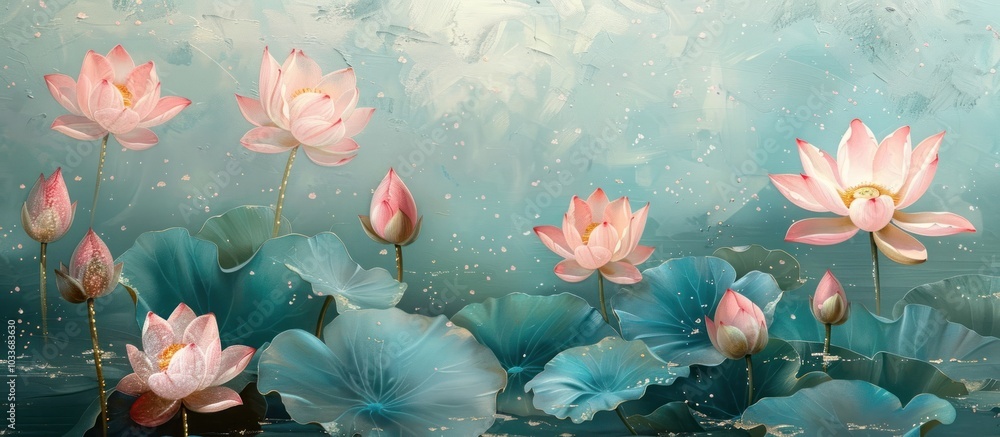 Peaceful scene of beautiful delicate pink lotus flowers blooming and floating on a tranquil pond surrounded by lush green leaves and a serene natural environment The image exudes a sense of harmony Peaceful scene of beautiful delicate pink lotus flowers blooming and floating on a tranquil pond surrounded by lush green leaves and a serene natural environment The image exudes a sense of harmony