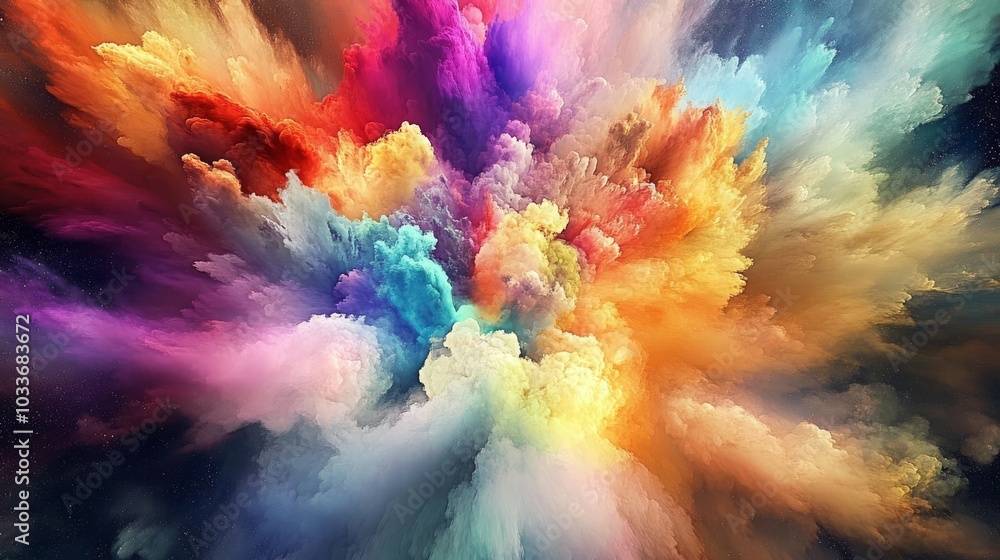 Fototapeta premium Colorful explosion clouds abstract art vibrant dreamy fantasy scene, rainbow burst dramatic skies vivid hues dynamic cloudscape