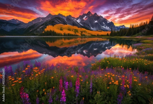 vibrant sunset landscape over majestic mountains lush green valleys reflections serene waters, captivating, stunning, breathtaking, reflective, sky, dramatic