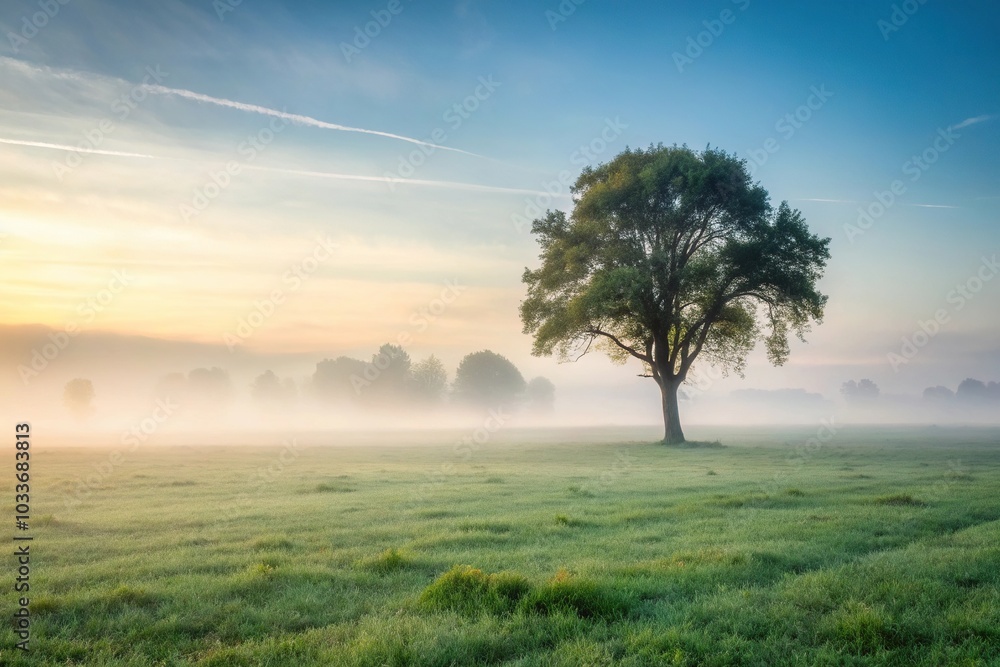 Obraz premium Foggy field with tree and grass, panoramic view