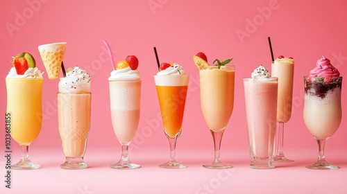 A vibrant display of various drinks and milkshakes in tall glasses, adorned with toppings, showcases summer's refreshing flavors and colors. Generative AI