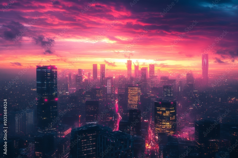 Stunning cityscape at sunset with vibrant colors. The skyline is illuminated by city lights. A perfect blend of nature and urban life. Generative AI Stunning cityscape at sunset with vibrant colors. The skyline is illuminated by city lights. A perfect blend of nature and urban life. Generative AI