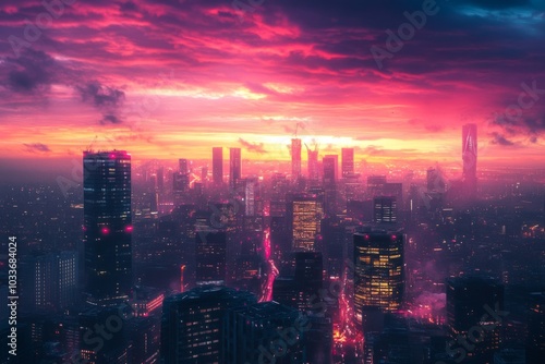 Wallpaper Mural Stunning cityscape at sunset with vibrant colors. The skyline is illuminated by city lights. A perfect blend of nature and urban life. Generative AI Torontodigital.ca