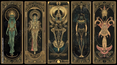 Egyptianthemed tarot deck with Art Nouveau style and vivid colors photo