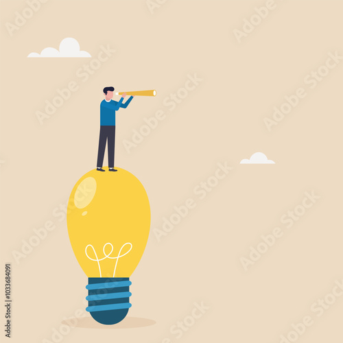 Man standing on a light bulb with a telescope. Vector illustration concept of business vision, creativity and new ideas.
