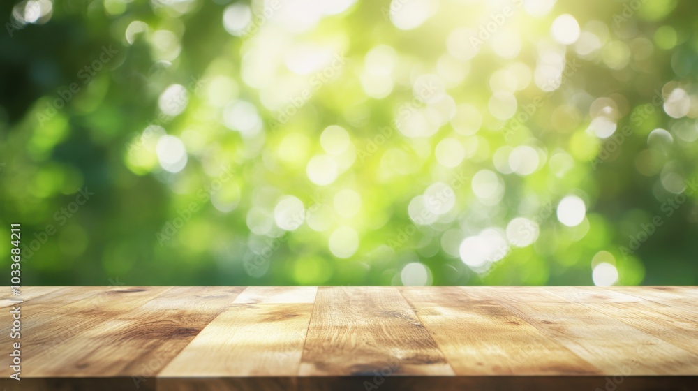 Natural wooden table top with soft green bokeh behind, offering a simple, clean background for nature-themed presentations or ads. Natural wooden table top with soft green bokeh behind, offering a simple, clean background for nature-themed presentations or ads.