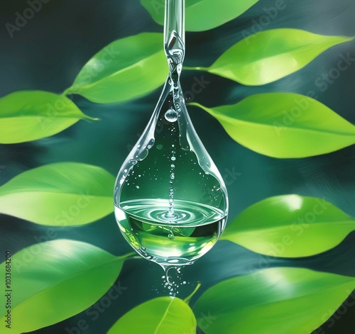 Illustration of drop fresh water with green leaves.