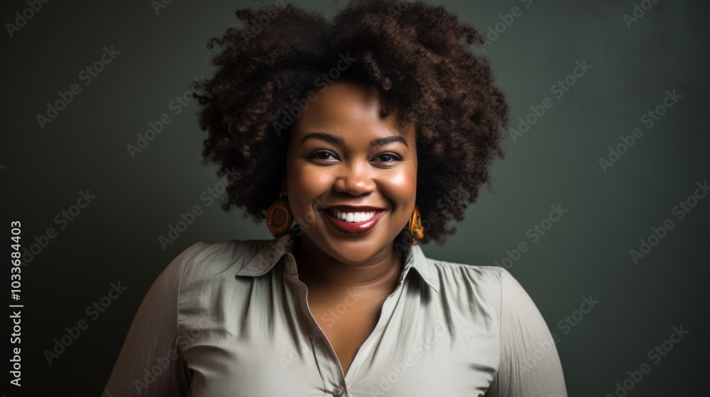 Portrait of dark skinned plus size woman smiles gladfully being in good mood. Neural network ai generated art Portrait of dark skinned plus size woman smiles gladfully being in good mood. Neural network ai generated art