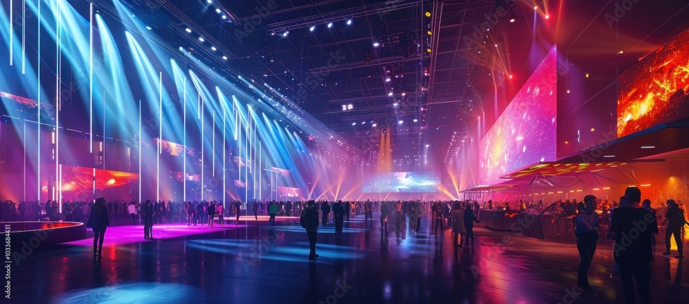 A large crowd stands enthusiastically in front of a concert stage A large crowd stands enthusiastically in front of a concert stage