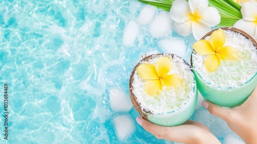 Two hands holding tropical flower arrangements in decorative cups against a turquoise ocean backdrop. photo