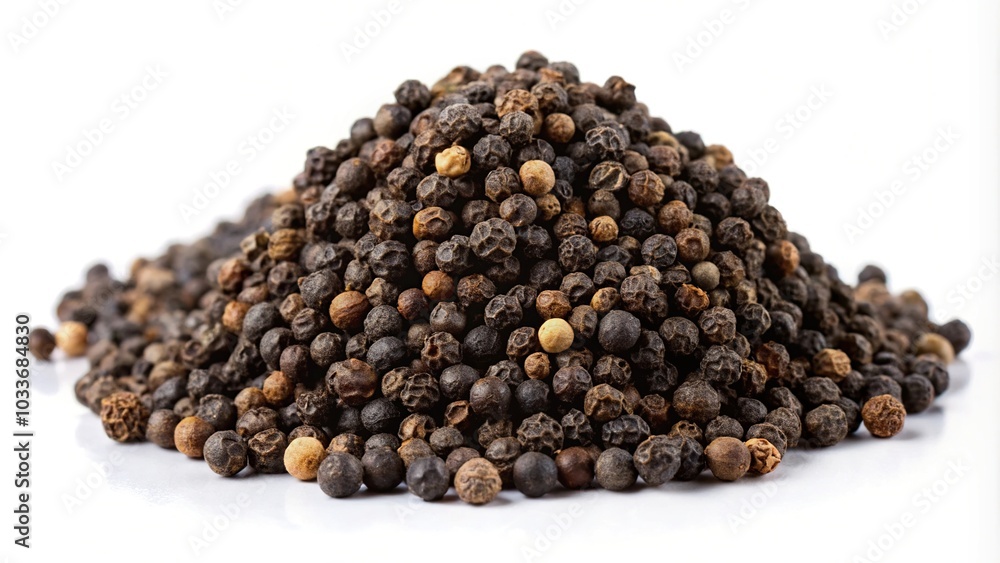 Forced perspective of black pepper isolated on white background Forced perspective of black pepper isolated on white background