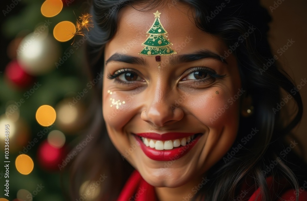 Christmas smiling Indian woman with painted golden and green Christmas tree on face, festive background Christmas smiling Indian woman with painted golden and green Christmas tree on face, festive background