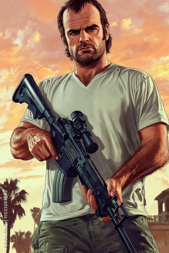 A tense moment as a character aims his weapon at the bustling city streets at sunset A tense moment as a character aims his weapon at the bustling city streets at sunset