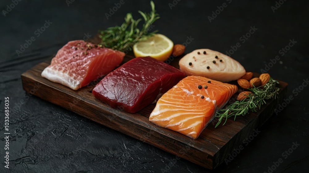 Protein and healthy fat-rich foods like meat, fish, and nuts presented on a rustic wooden board, perfect for showcasing a low-carb diet. Protein and healthy fat-rich foods like meat, fish, and nuts presented on a rustic wooden board, perfect for showcasing a low-carb diet.