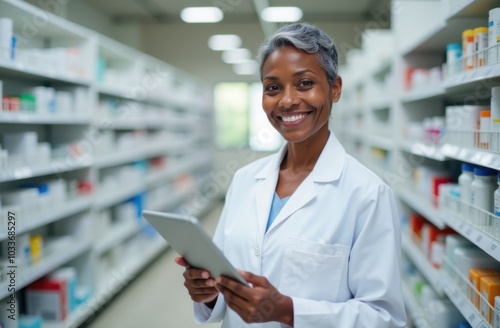 Black smiling pharmacist elderly woman, gray hair, dressed in white medical suit, holding digital tablet, stands against the backdrop of pharmacy interior in light colors