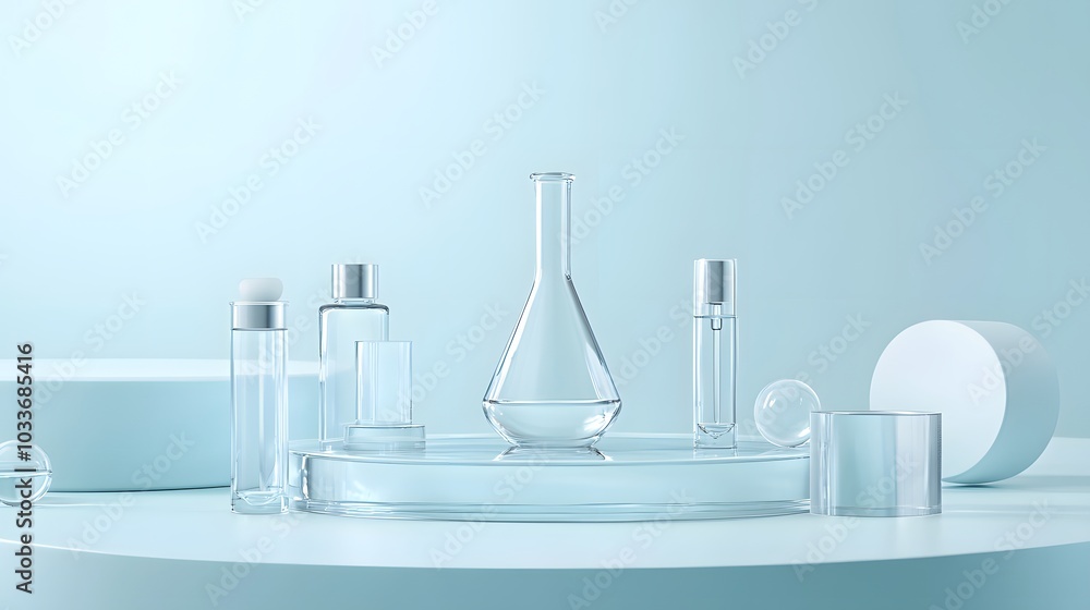 Glass Bottles and Geometric Shapes on a Blue Background Glass Bottles and Geometric Shapes on a Blue Background