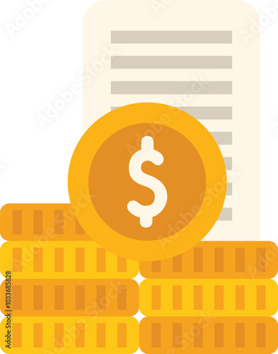 Stack of gold coins with dollar sign and invoice symbolizing successful payment for services rendered