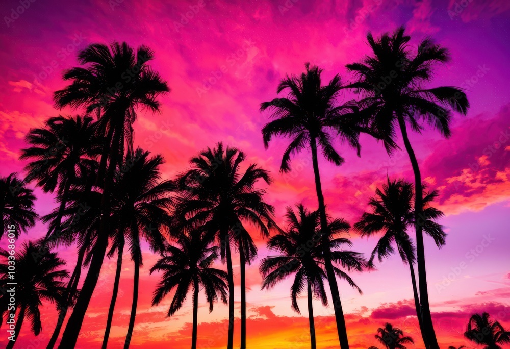 colorful silhouettes palm trees vibrant backgrounds creating artistic tropical scene, island, paradise, artwork, graphics, abstract, exotic, nature colorful silhouettes palm trees vibrant backgrounds creating artistic tropical scene, island, paradise, artwork, graphics, abstract, exotic, nature