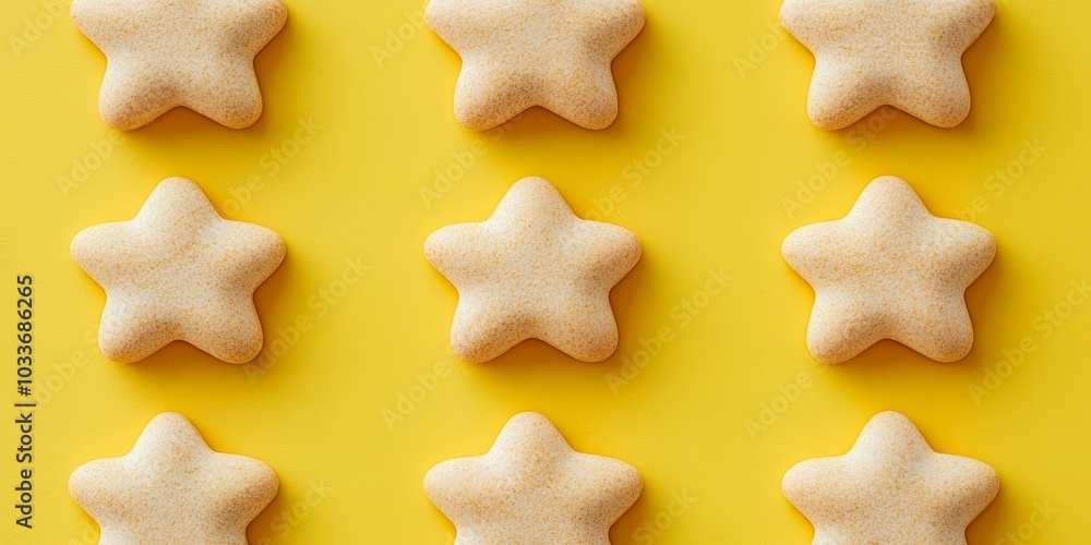 Star-shaped cookies arranged in rows on a yellow background. Star-shaped cookies arranged in rows on a yellow background.