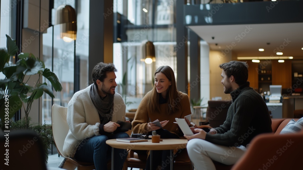 Friends enjoying a cozy gathering in a stylish café, engaged in discussion over drinks and mobile devices on a chilly afternoon Friends enjoying a cozy gathering in a stylish café, engaged in discussion over drinks and mobile devices on a chilly afternoon