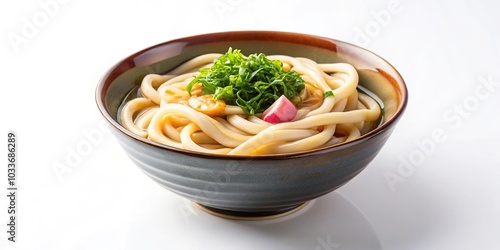 Japanese udon noodles in a bowl on white background