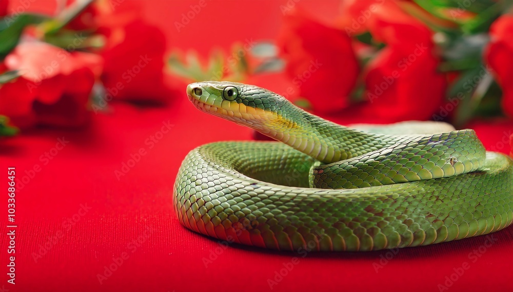 Fototapeta premium A green snake is laying on a red background with red flowers