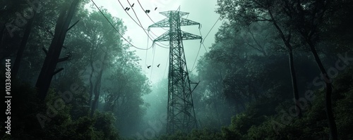 Forest power lines with birds flying overhead.