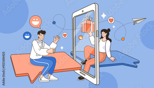 Couple chat on a cell phone. Girl communicates on the phone. Online chat man and woman. social network concept. Chat easily landing page website. illustration vector flat design. 