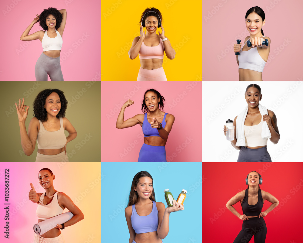 A collection of nine women displays various fitness activities, showcasing their energy and enthusiasm in a colorful setting that promotes health and well-being. A collection of nine women displays various fitness activities, showcasing their energy and enthusiasm in a colorful setting that promotes health and well-being.