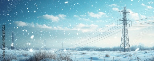 Snowy field with power lines and trees. photo