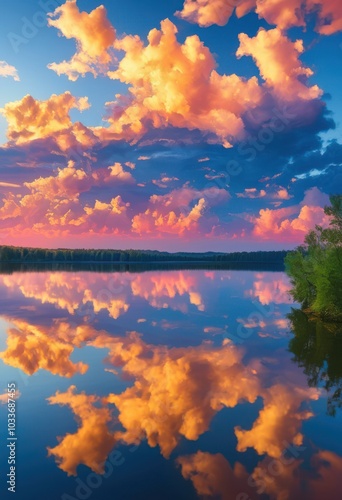 vibrant clouds form beautiful reflections tranquil lake under clear blue sky, water, horizon, nature, scenery, panorama, daylight, landscape, beauty