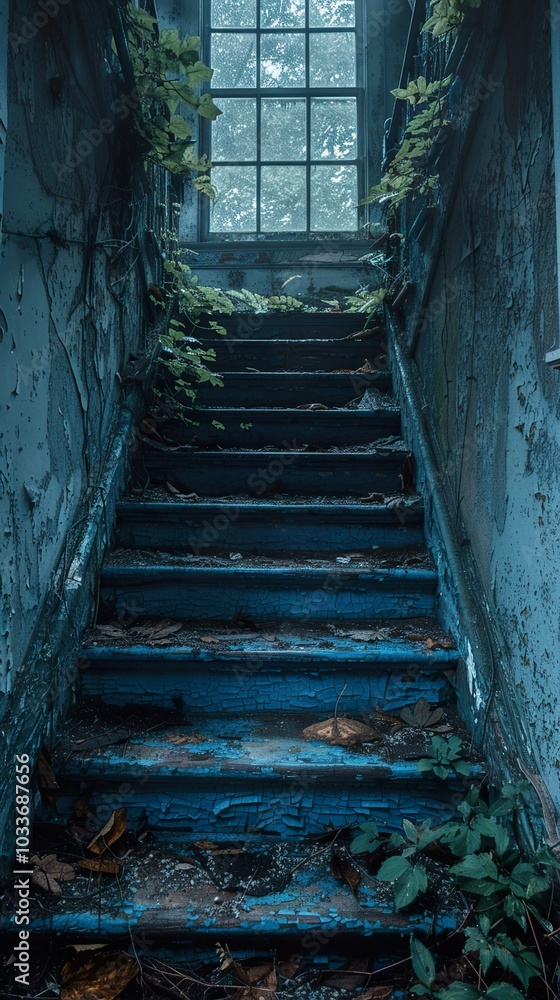 Overgrown Blue Staircase in Abandoned Building Overgrown Blue Staircase in Abandoned Building