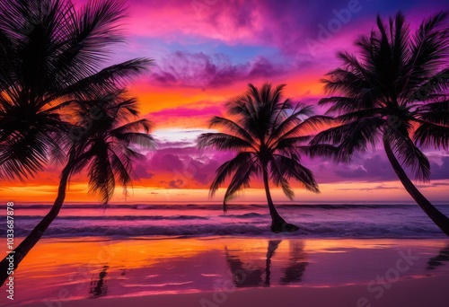 vibrant tropical palm tree silhouette majestically backlit stunning sunset bold colors peaceful atmosphere, colorful, orange, red, yellow, sky, clouds