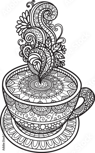 Mandala coffee or tea cup for printing, engraving, coloring and so on. Vector illustration