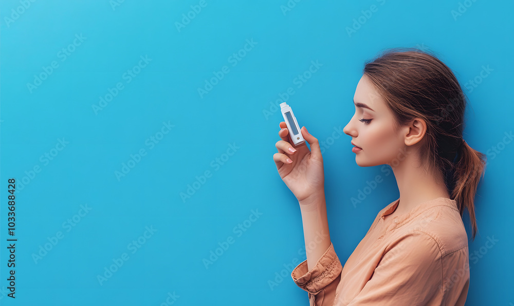 Obraz premium Woman using glucometer on blue background, top view