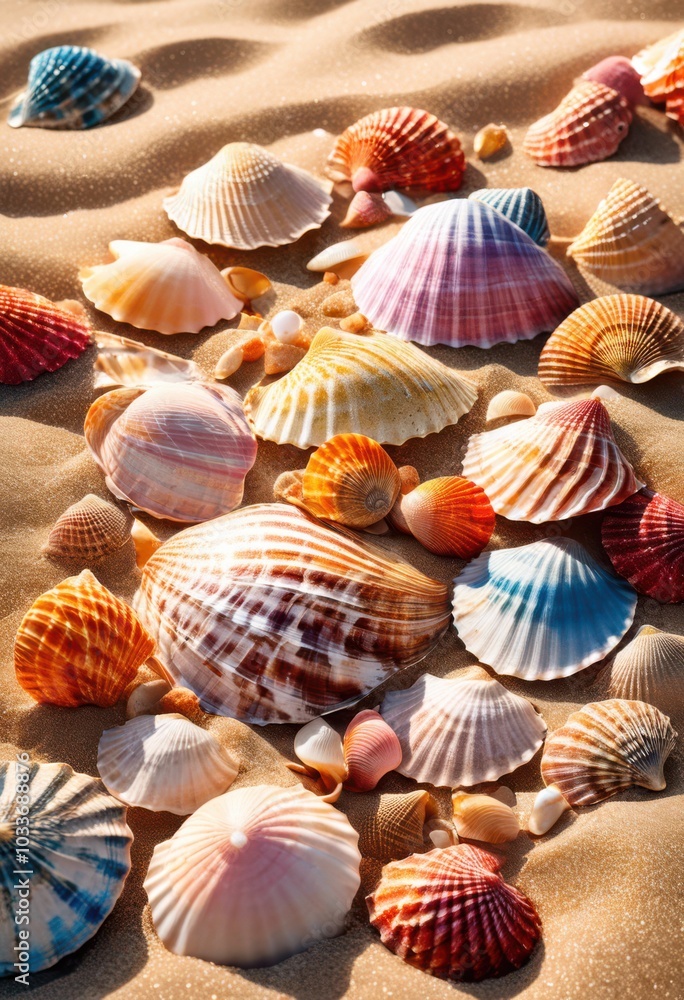 vibrant still life arrangement colorful seashells positioned artfully fluffy sandy shore under bright sunlight, beach, coastal, ocean, shoreline, tropical vibrant still life arrangement colorful seashells positioned artfully fluffy sandy shore under bright sunlight, beach, coastal, ocean, shoreline, tropical