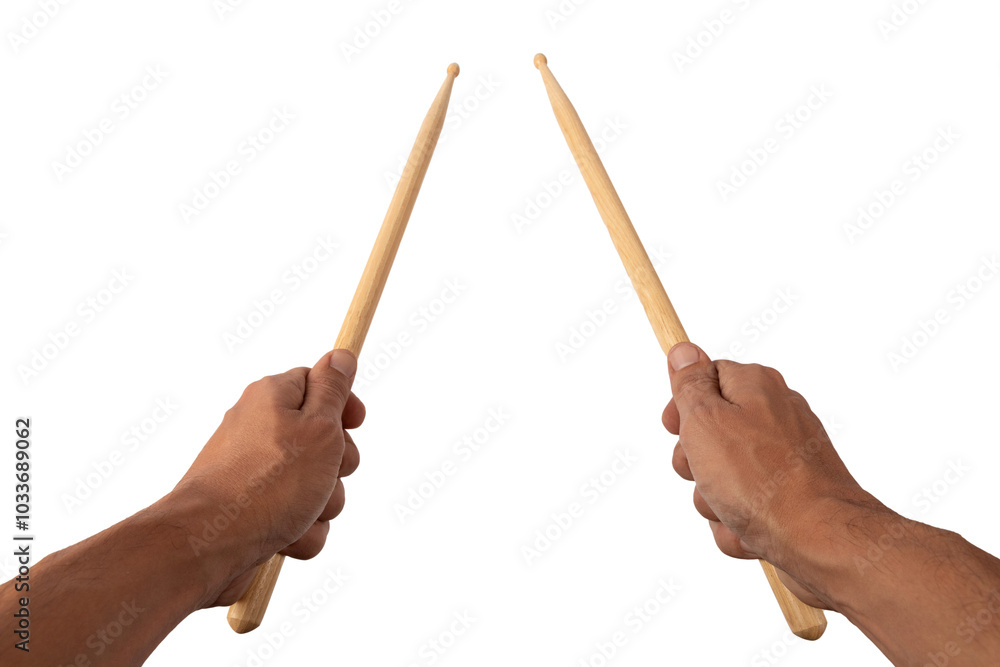 Fototapeta premium Male hands holding drum sticks no background cutout