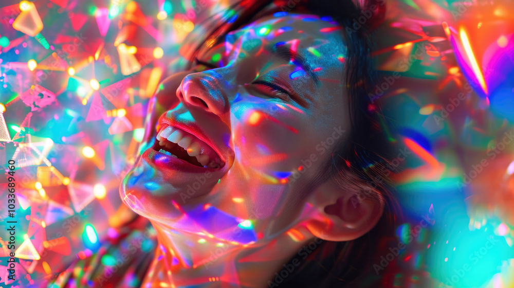 A joyful woman is laughing amidst colorful lights projected vividly on her face A joyful woman is laughing amidst colorful lights projected vividly on her face