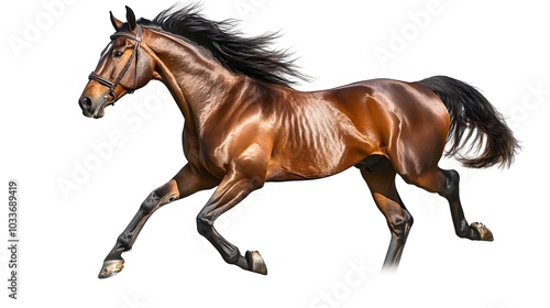 Bay stallion run gallop isolated on white. 