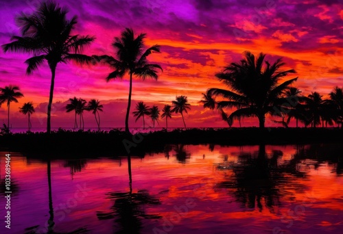 vibrant sunset over tranquil silhouettes palm trees colorful sky, cloud, evening, twilight, horizon, dusk, reflection, landscape, scenery, outdoor, beauty