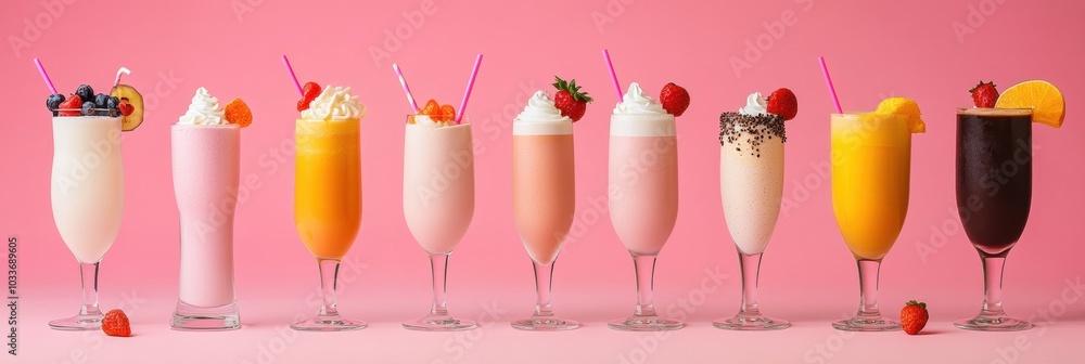A tempting lineup of various drinks and milkshakes with vibrant colors and toppings, perfect for a warm summer celebration. Generative AI A tempting lineup of various drinks and milkshakes with vibrant colors and toppings, perfect for a warm summer celebration. Generative AI
