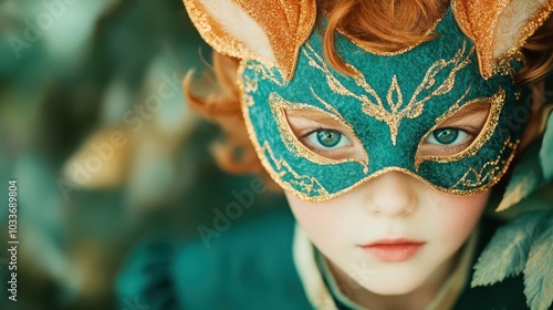 A young girl smiles in a colorful glitter cat mask, surrounded by bokeh lights. Concept: joy, magic. photo